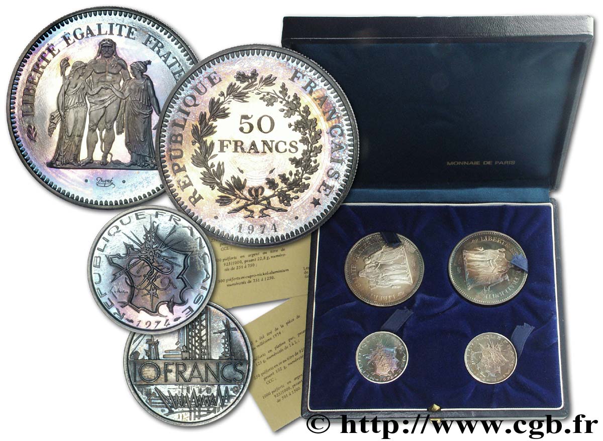 Boîte d’épreuve de deux piéforts de 10 Francs MATHIEU 1974 en argent et de deux piéforts de 50 francs Hercule 1974 1974 Paris  P FDC 