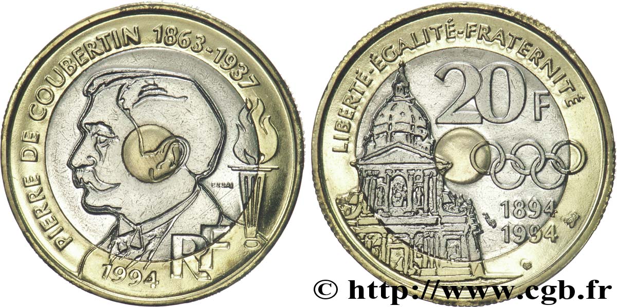 Essai de 20 francs Pierre de Coubertin 1994 Pessac F.405/1 ST 