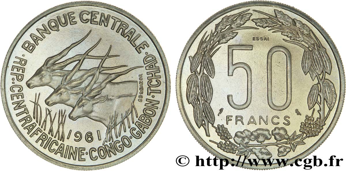 AFRICA EQUATORIALE Essai de 50 Francs antilopes 1961 Paris MS 