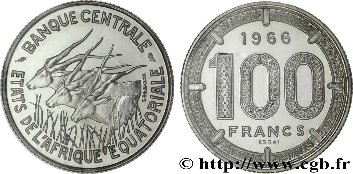 AFRICA EQUATORIALE Essai de 100 Francs antilopes 1966 Paris MS 