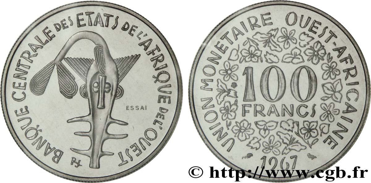 WESTAFRIKANISCHE LÄNDER Essai de 100 Francs masque sous sachet d’origine sans liseré tricolore 1967 Paris ST 