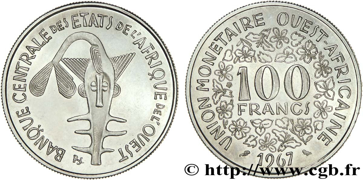 STATI DI L  AFRICA DE L  OVEST 100 Francs masque, frappe courante 1967 Paris FDC 