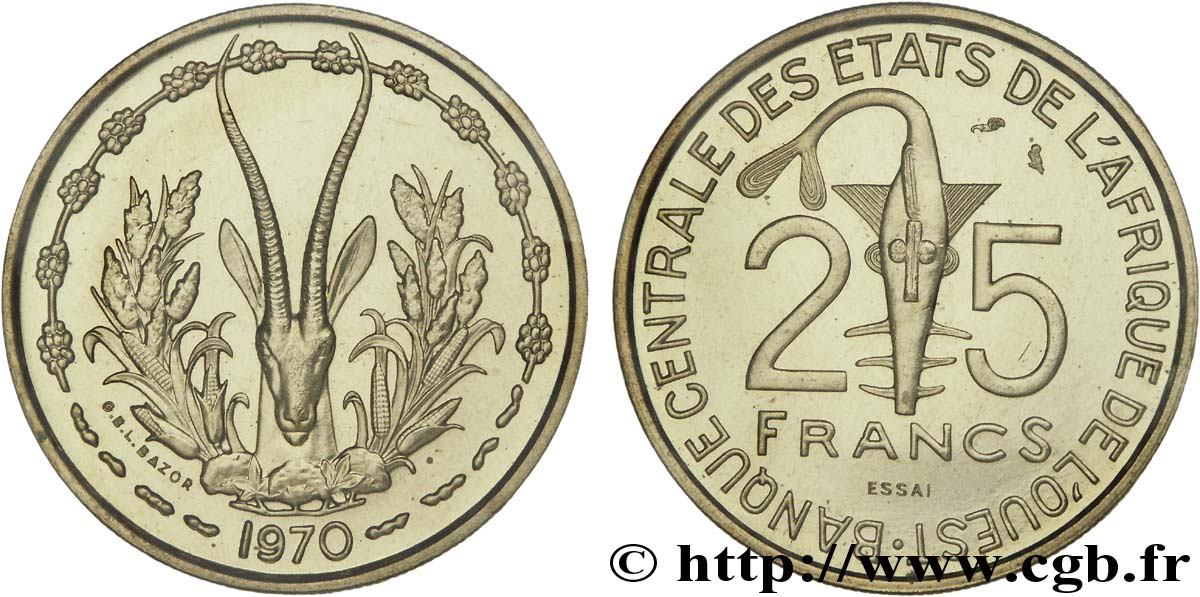 WESTAFRIKANISCHE LÄNDER Essai 25 Francs masque / antilope 1970 Paris ST 