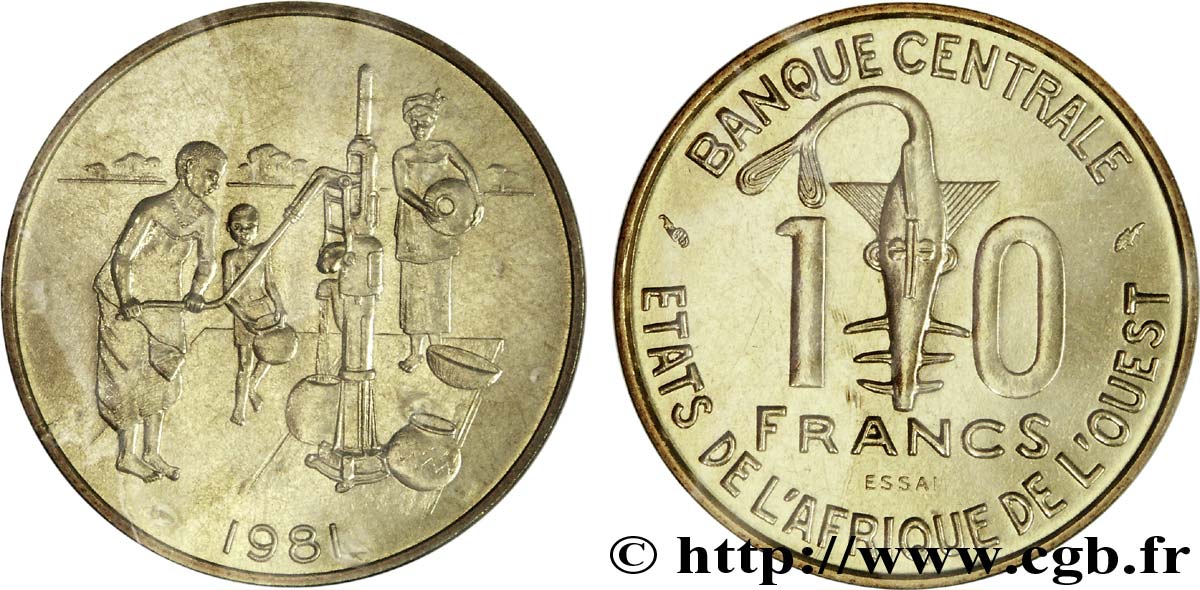 WEST AFRICAN STATES (BCEAO) Essai 10 Francs masque / villageois au puit 1981 Paris MS 