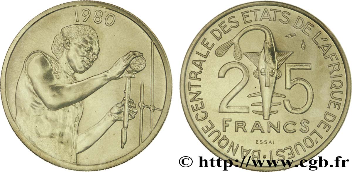 STATI DI L  AFRICA DE L  OVEST Essai 25 Francs masque / chimiste 1980 Paris FDC 