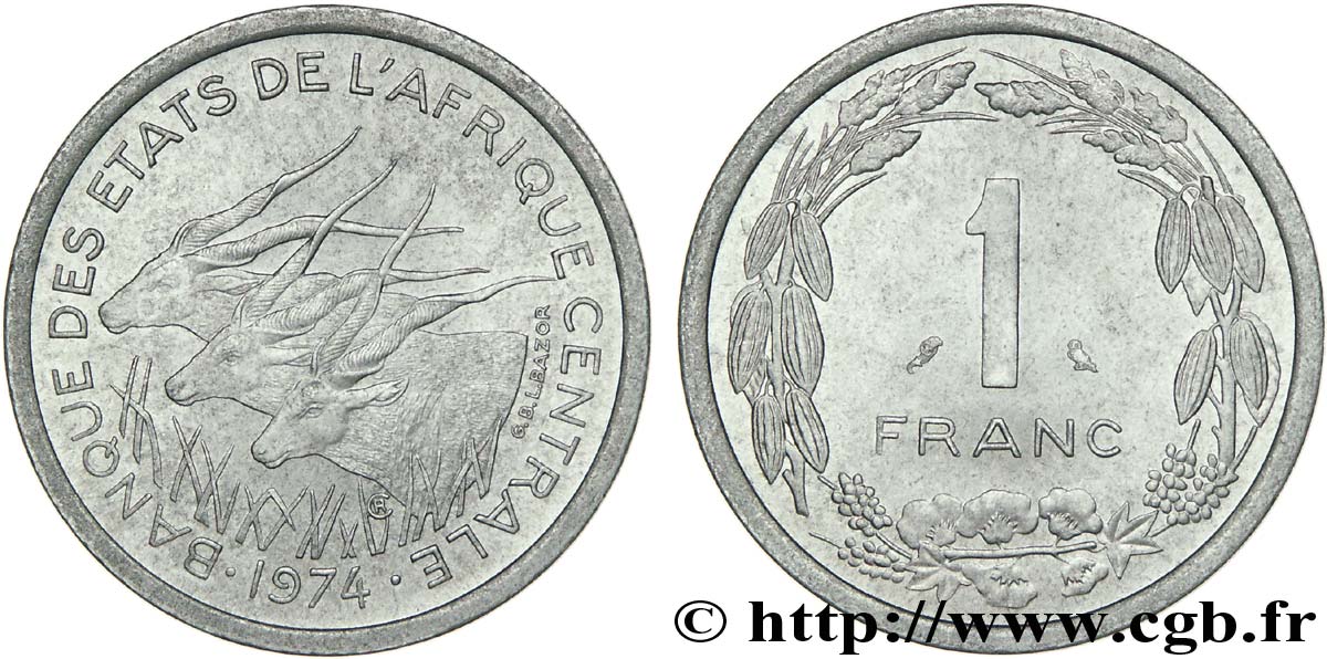 ÉTATS DE L AFRIQUE CENTRALE 1 Franc antilopes, frappe courante 1974 Paris FDC 