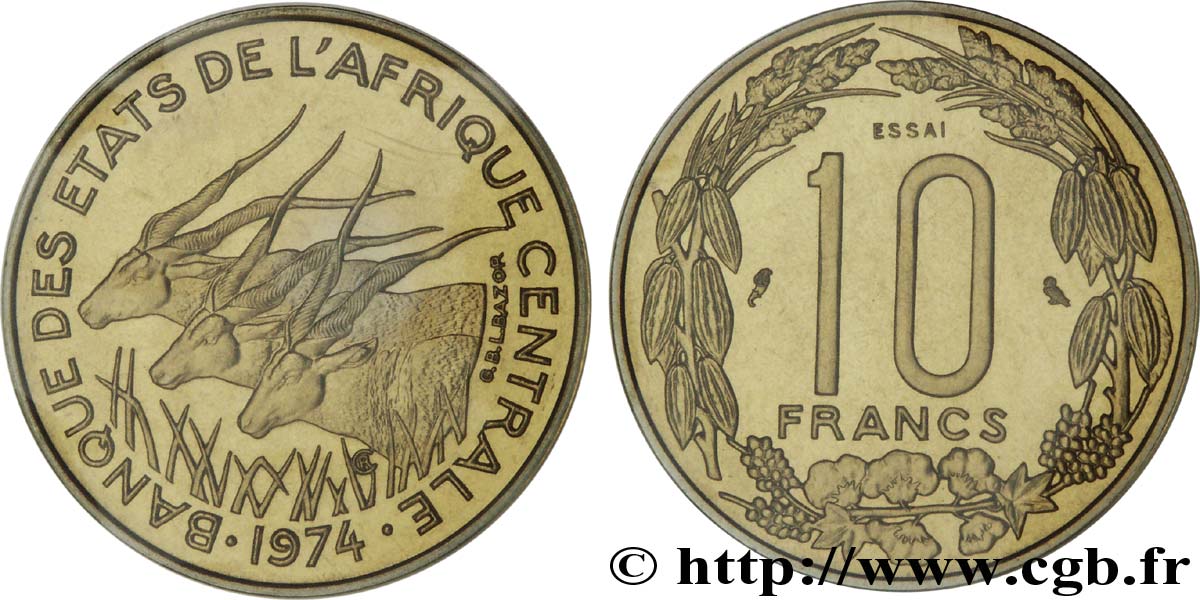 STATI DI L  AFRICA CENTRALE Essai de 10 Francs antilopes 1974 Paris MS 