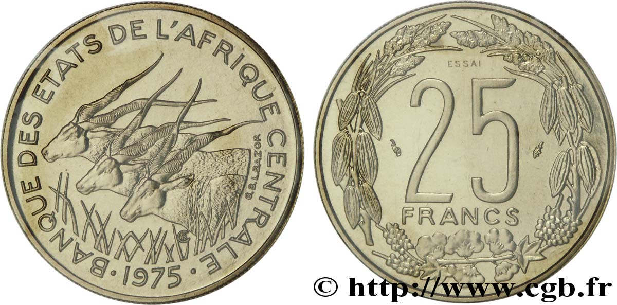 STATI DI L  AFRICA CENTRALE Essai de 25 Francs grandes antilopes 1975 Paris FDC 