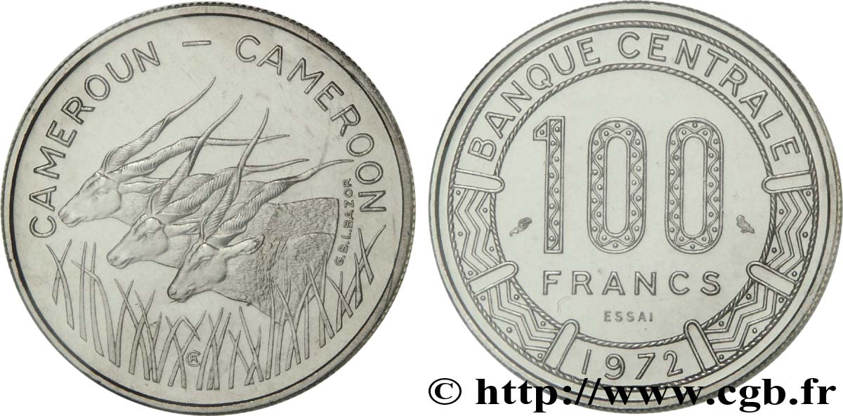 CAMERUN Essai 100 Francs légende bilingue, type “Banque Centrale”, antilopes 1972 Paris FDC 