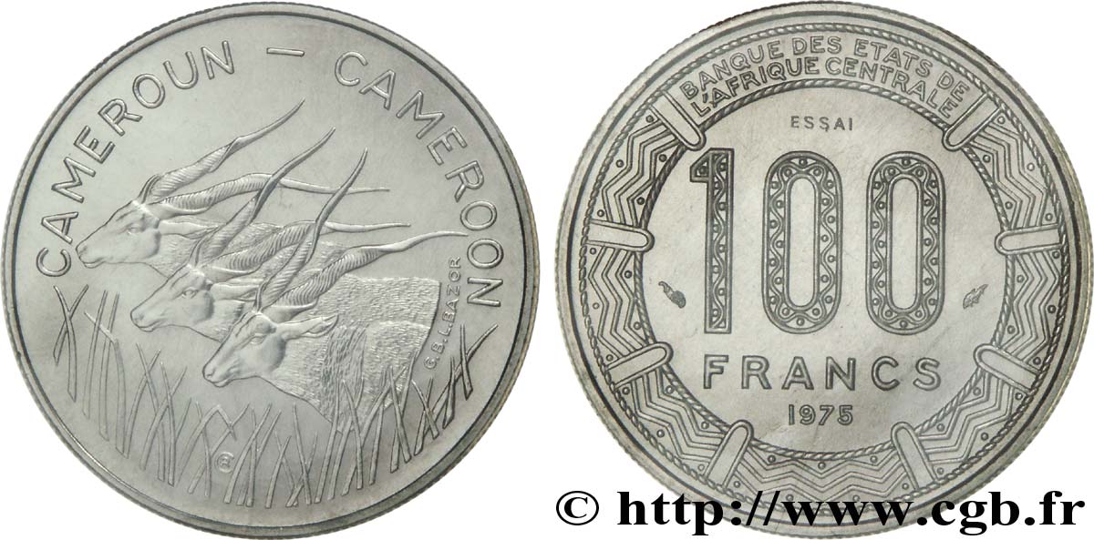 KAMERUN Essai 100 Francs légende bilingue, type BEAC antilopes 1975 Paris ST 