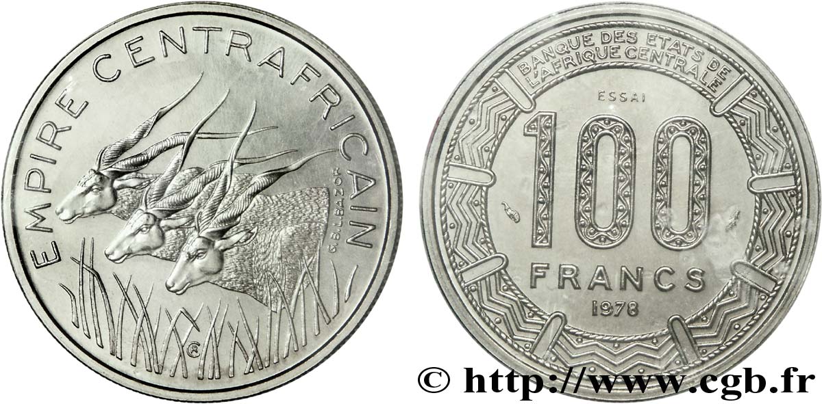 REPUBBLICA CENTRAFRICANA Essai de 100 francs Empire Centrafricain antilopes 1978 Paris MS 