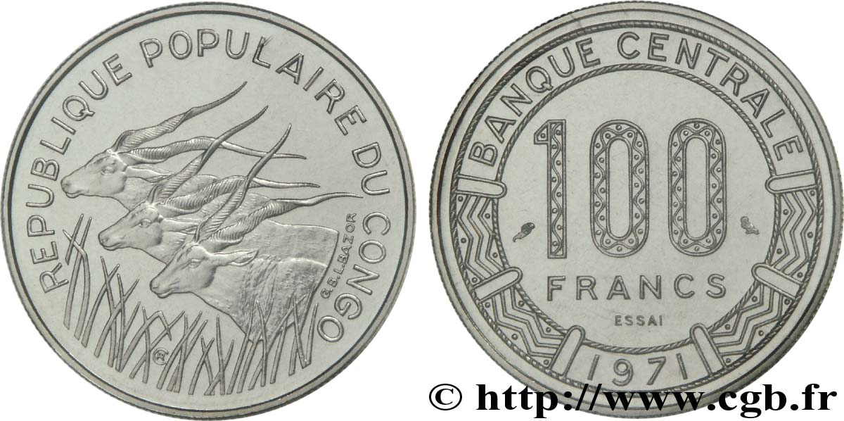 REPúBLICA DEL CONGO Essai de 100 Francs type “Banque Centrale”, antilopes 1971 Paris FDC 