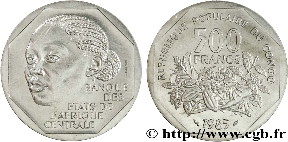 REPUBLIK KONGO Essai de 500 Francs femme africaine 1985 Paris ST 