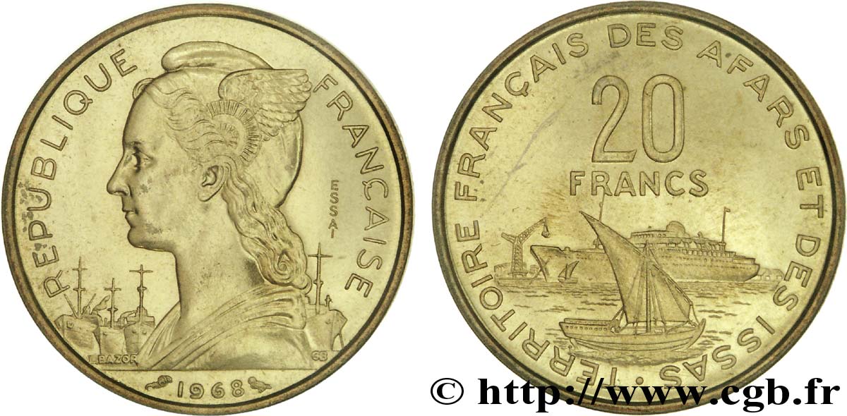 YIBUTI - Territorio Francés de los Afars e Issas Essai de 20 francs 1968 Paris FDC 