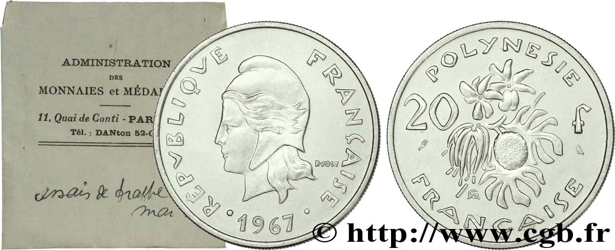 FRENCH POLYNESIA 20 francs essai de frappe sans le mot ESSAI 1967 Paris MS 