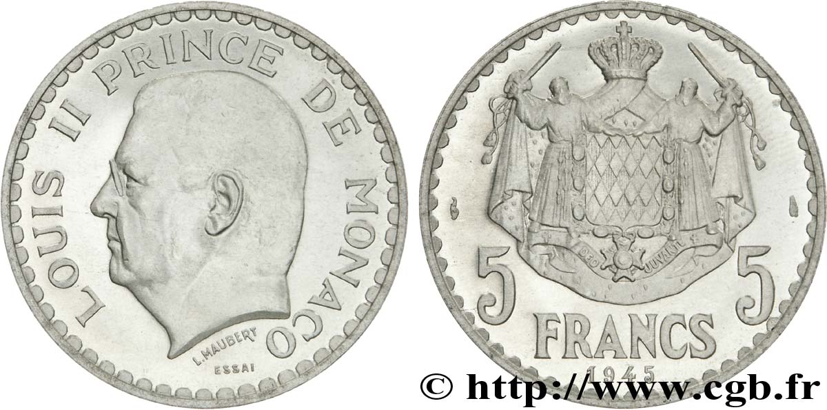 MONACO - LOUIS II Essai de 5 francs 1945 Paris EBC 