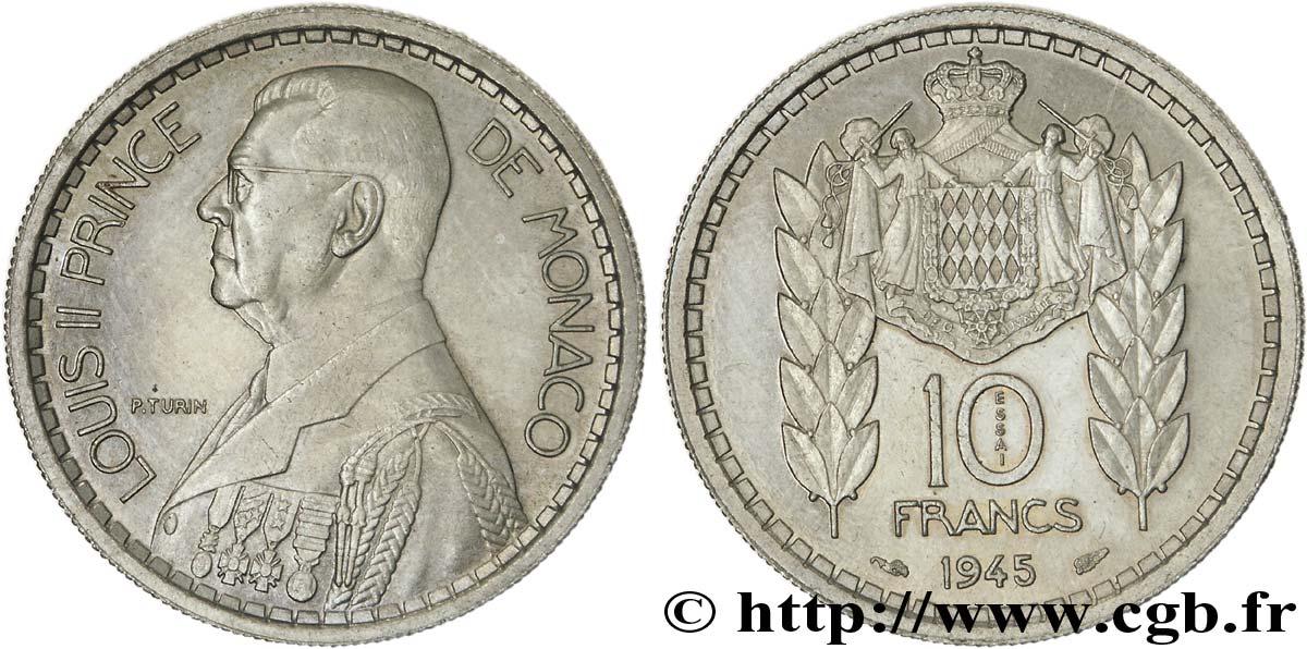MONACO - LOUIS II Essai de 10 francs Turin 1945 Paris ST 