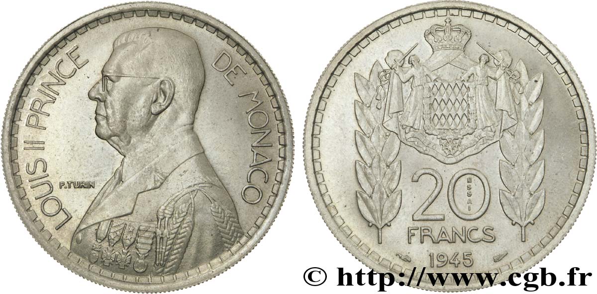 MONACO - LOUIS II Essai de 20 francs 1945 Paris MS 
