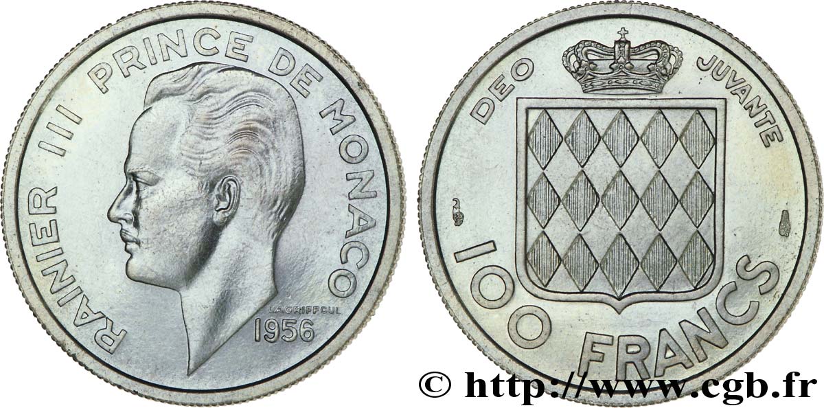 MONACO - PRINCIPALITY OF MONACO - RAINIER III 100 francs, frappe courante 1956 Paris MS 