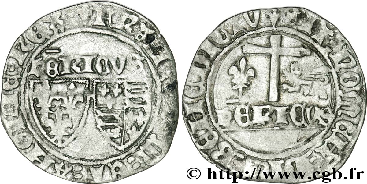 HENRY VI DE LANCASTRE - ROI DE FRANCE (1422-1453) - ROI D ANGLETERRE (1422-1461) et (1470-1471) Blanc aux écus 23/11/1422 Saint-Lô TTB/TB+