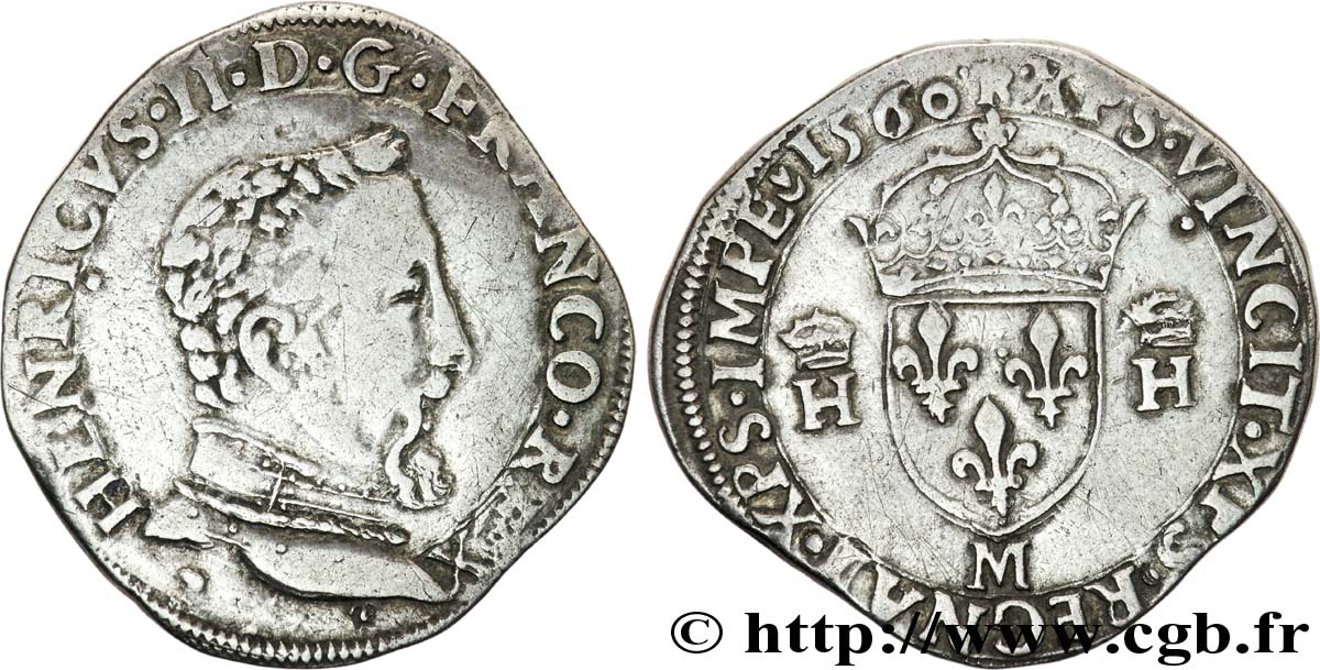 FRANCIS II. COINAGE IN THE NAME OF HENRY II Teston à la tête nue, 5e type 1560 Toulouse VF/XF