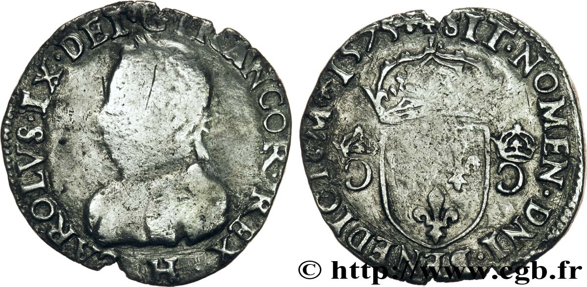HENRY III. COINAGE AT THE NAME OF CHARLES IX Demi-teston, 11e type 1575 La Rochelle F/VF