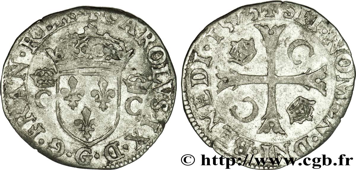 HENRY III. COINAGE IN THE NAME OF CHARLES IX Douzain aux deux C couronnés 1575 Poitiers XF
