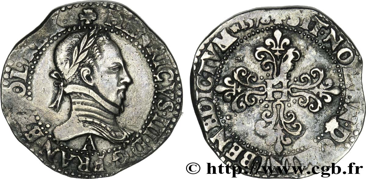 HENRY III Franc au col plat 1578 Paris XF/VF
