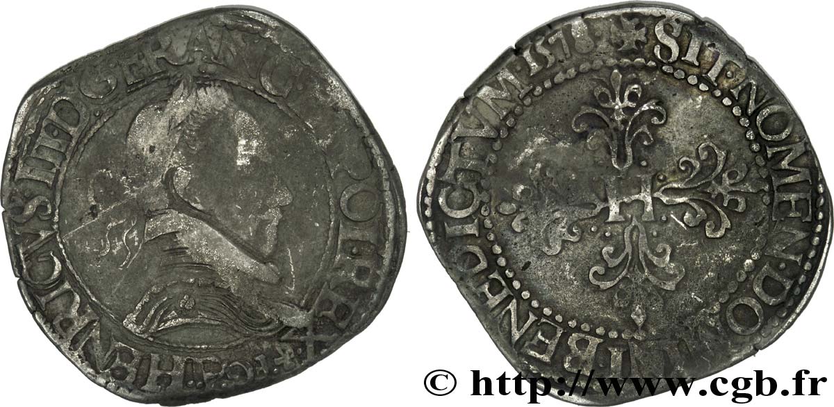 HENRY III Franc au col plat 1578 Dijon VF/VF