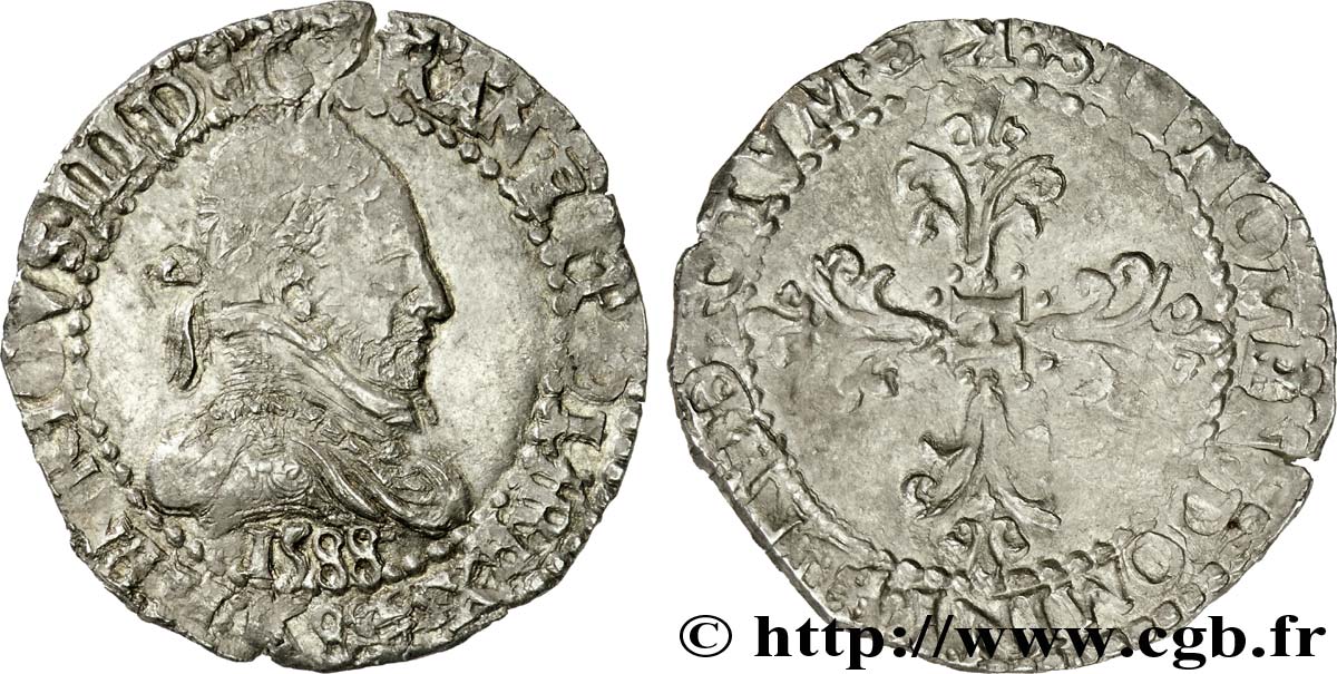 HENRY III Quart de franc au col plat avec deux millésimes 1588 Bordeaux XF