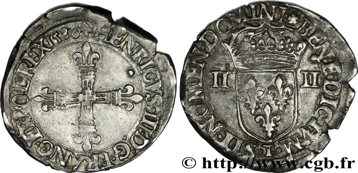 HENRI III Quart d écu, croix de face 1586 Nantes TTB+/TTB