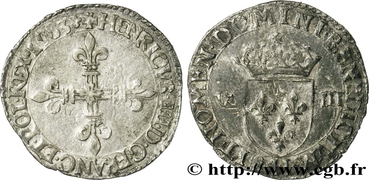 HENRY III Huitième d écu, croix de face 1583 La Rochelle XF/VF