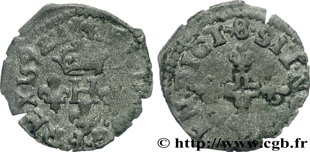 THE LEAGUE. COINAGE IN THE NAME OF HENRY III Liard à la croisette fleurdelisée 1592 Arles ? VF