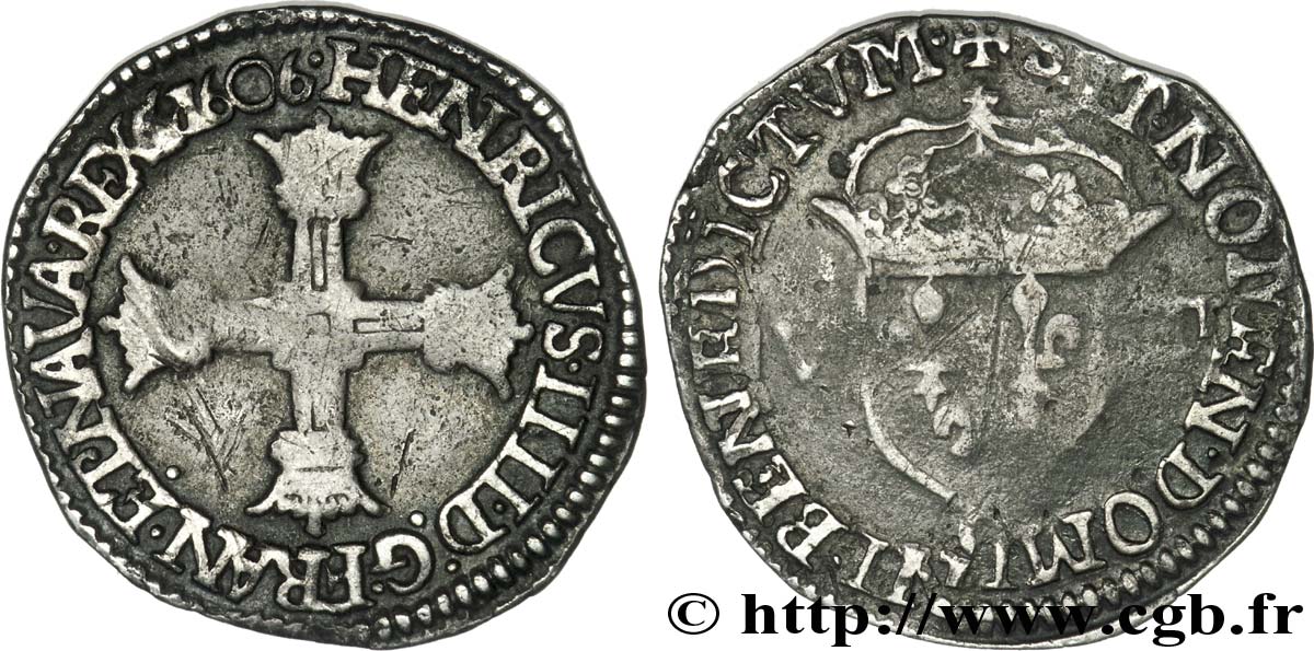 HENRY IV Huitième d écu, croix batonnée et couronnée de face 1606 Saint-Lô VF