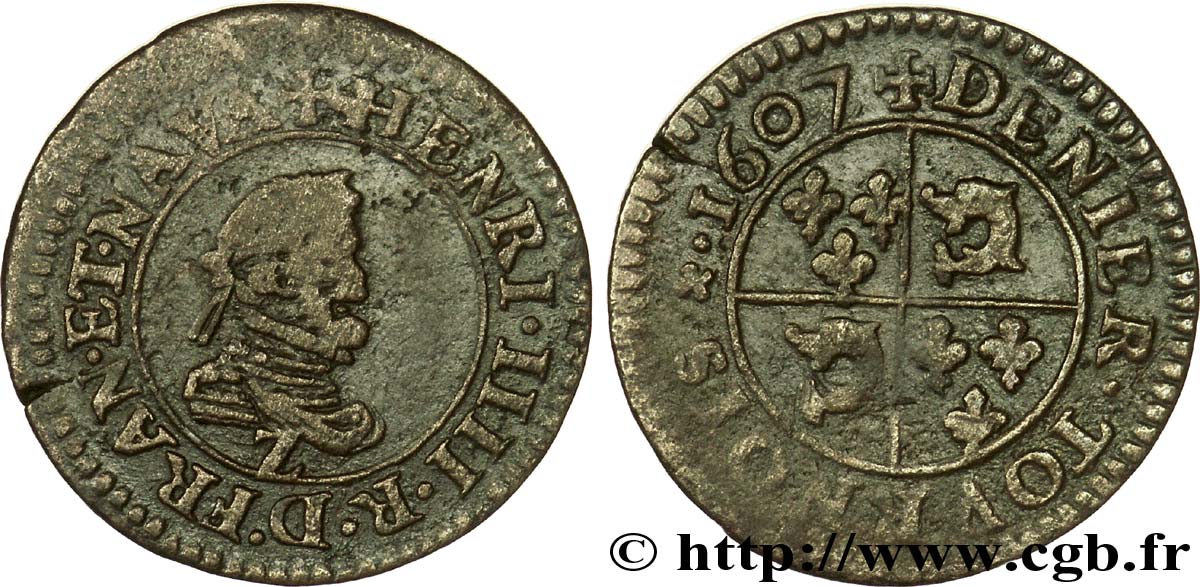 HENRY IV Denier tournois au type du Dauphiné, frappé à Lyon au différent de Grenoble 1607 Lyon au différent de Grenoble VF/XF