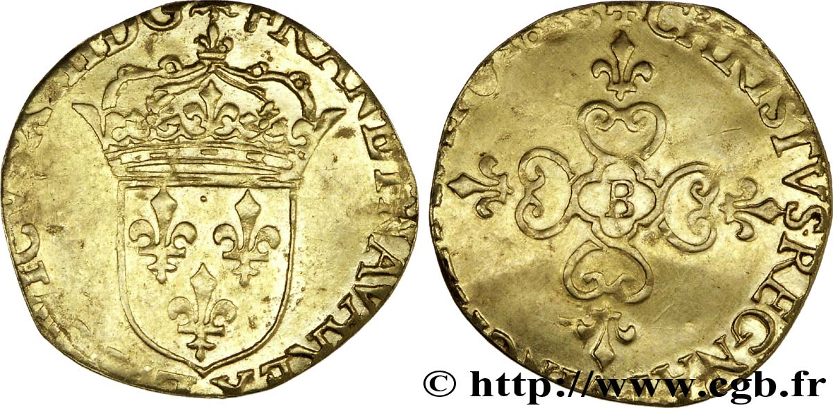 LOUIS XIII Écu d or au soleil, à la croix anillée fleurdelisée 1633 Rouen VF