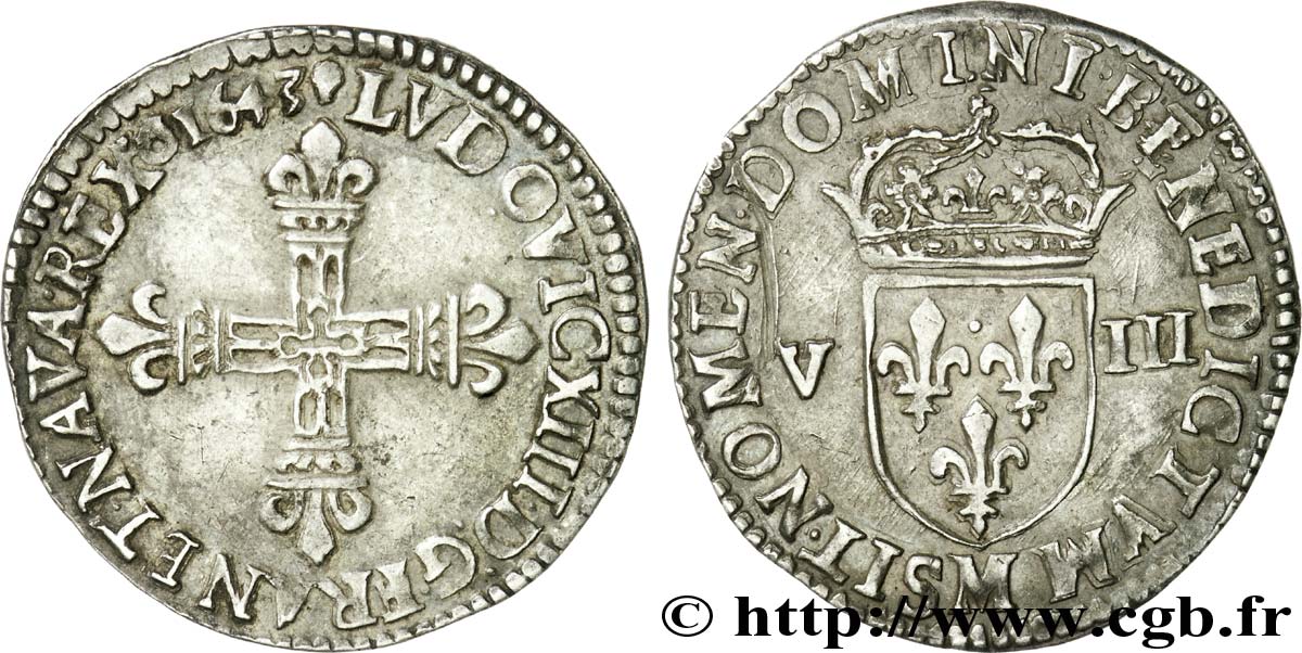 LOUIS XIII  Huitième d écu, à la croix fleurdelisée, titulature côté croix 1643 Toulouse AU