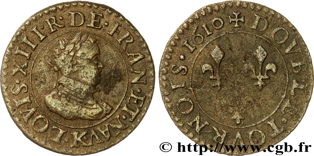 LOUIS XIII  Double tournois, grand buste enfantin, drapé à large fraise 1610 Bordeaux XF/VF