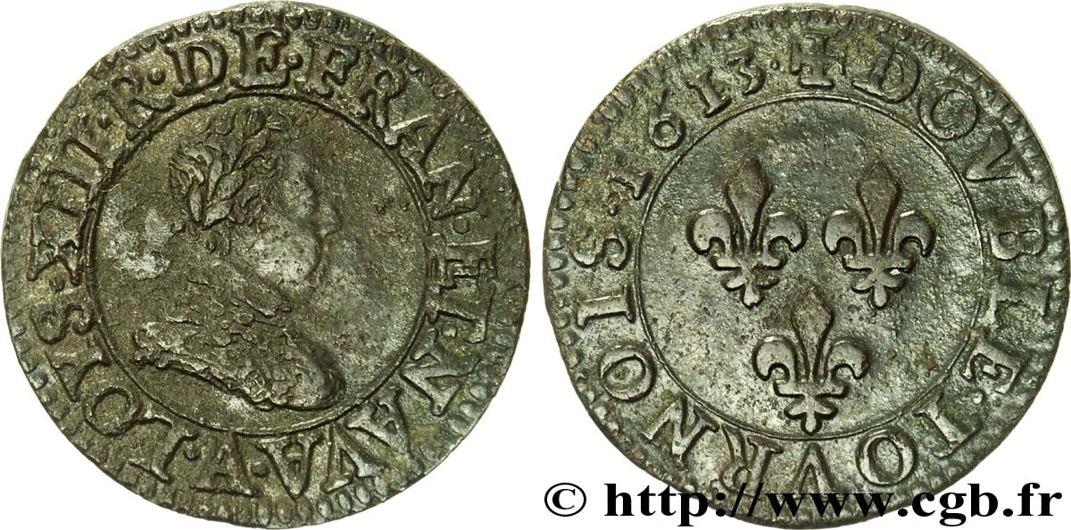 LOUIS XIII  Double tournois, type 1 1613 Paris, Moulin du Louvre BB/q.SPL