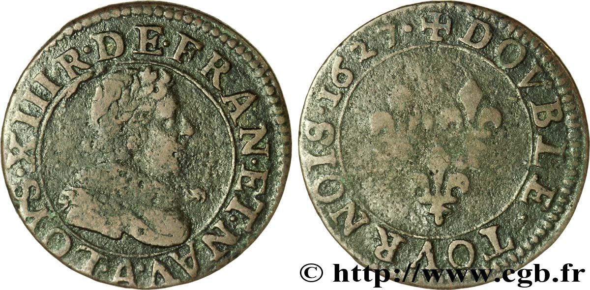 LOUIS XIII  Double tournois, type 4 de Paris 1627 Paris VF