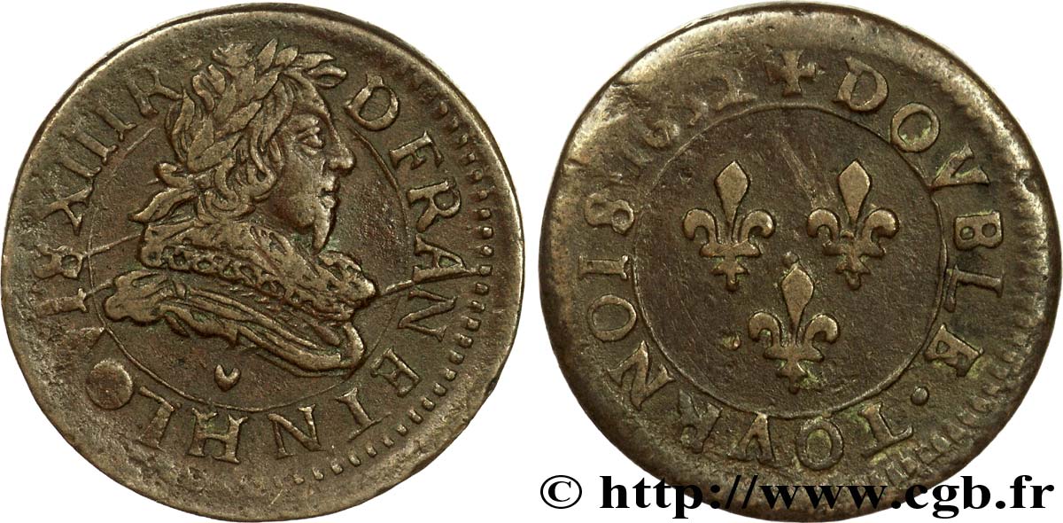 LOUIS XIII LE JUSTE Double tournois, type 1 1632 La Rochelle TTB