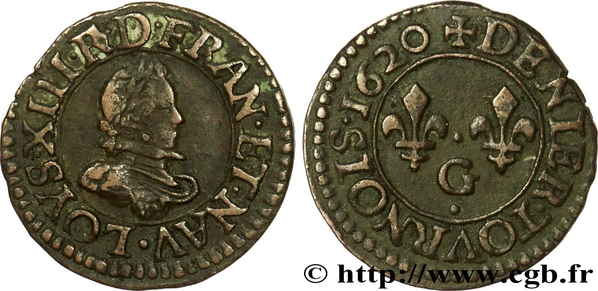 LOUIS XIII LE JUSTE Denier tournois, type 1 de Poitiers, buste A 1620 Poitiers TB+/TTB