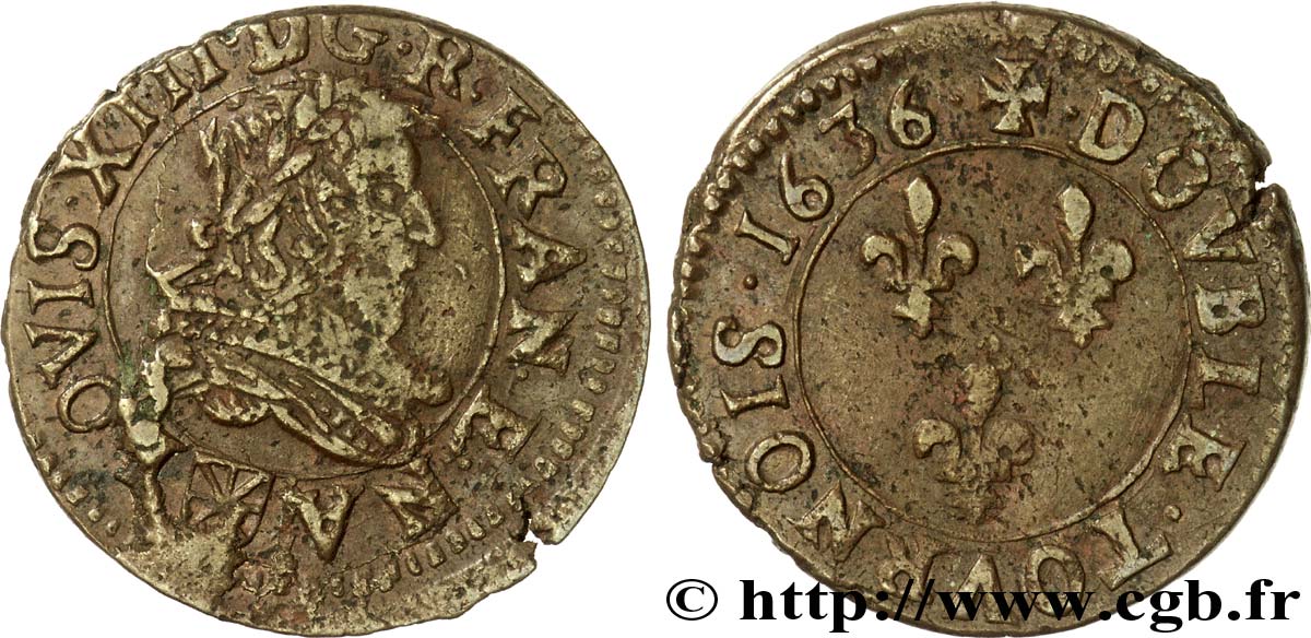 LOUIS XIII LE JUSTE Double tournois, type 1 1636 Saint-Palais TTB