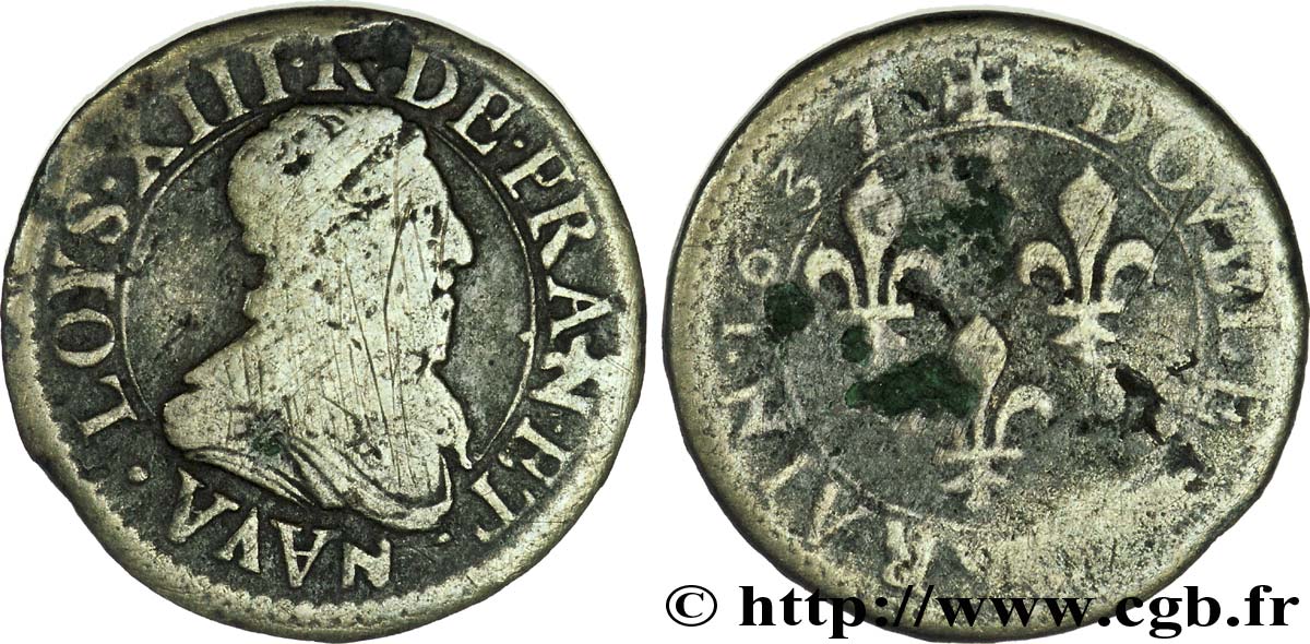 LOUIS XIII  Double lorrain au buste juvénile à languettes 1637 Stenay MB/B