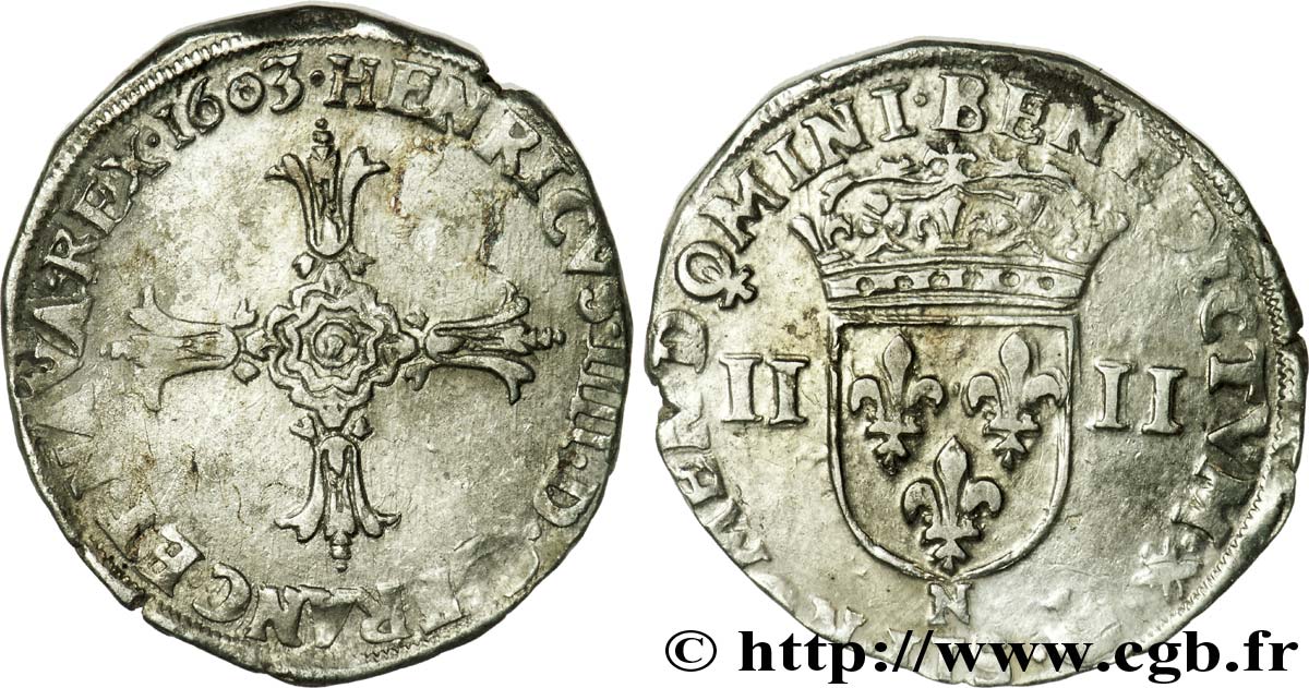 HENRI IV LE GRAND Quart d écu, croix feuillue de face 1603 Montpellier TTB