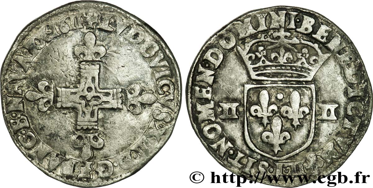 LOUIS XIII LE JUSTE Quart d écu, à la croix fleurdelisée, titulature côté croix 1611 Bayonne TB+/TTB