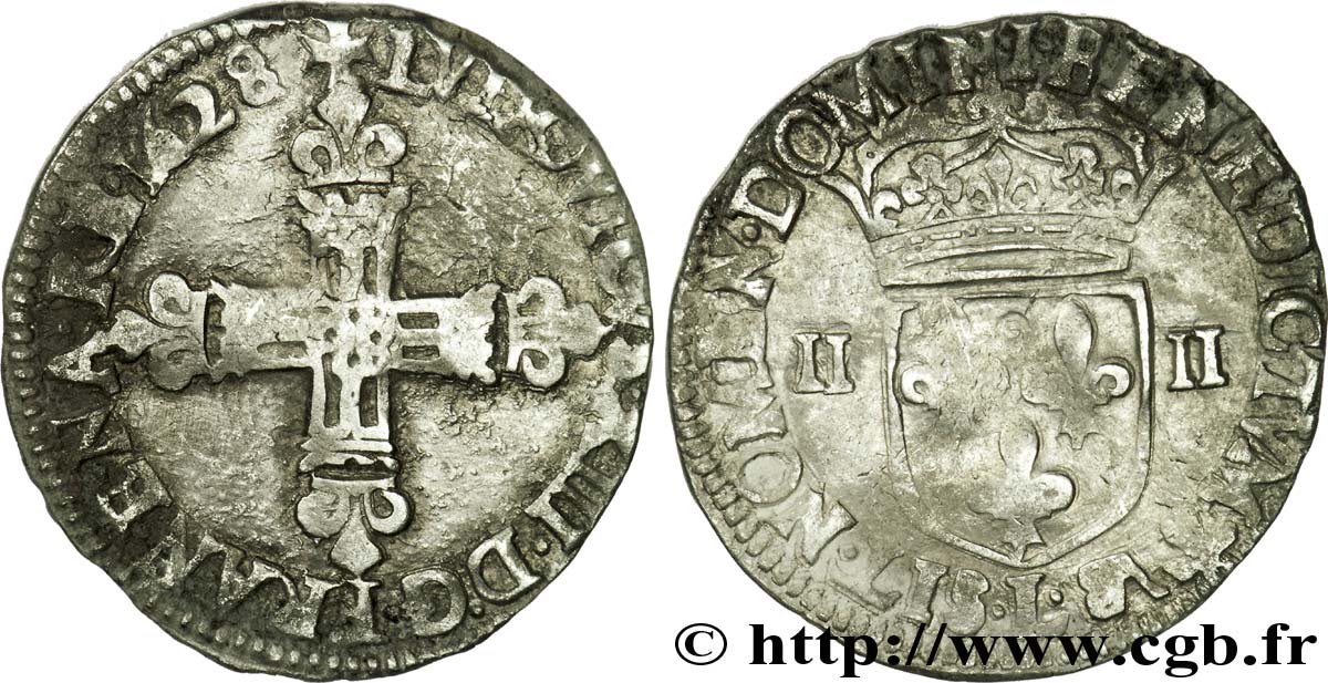 LOUIS XIII  Quart d écu, à la croix fleurdelisée, titulature côté croix 1628 Bayonne VF