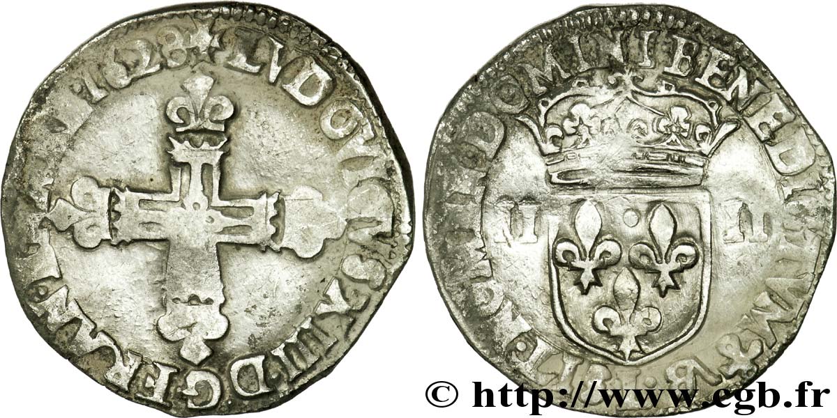 LOUIS XIII  Quart d écu, à la croix fleurdelisée, titulature côté croix 1628 Bayonne BC+