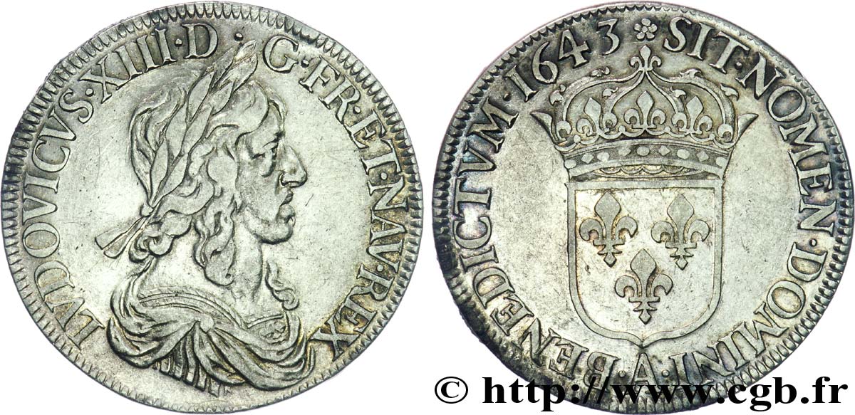 LOUIS XIII LE JUSTE Écu, buste drapé et cuirassé (2e buste de Jean Warin) 1643 Paris, Monnaie de Matignon TTB/TTB+