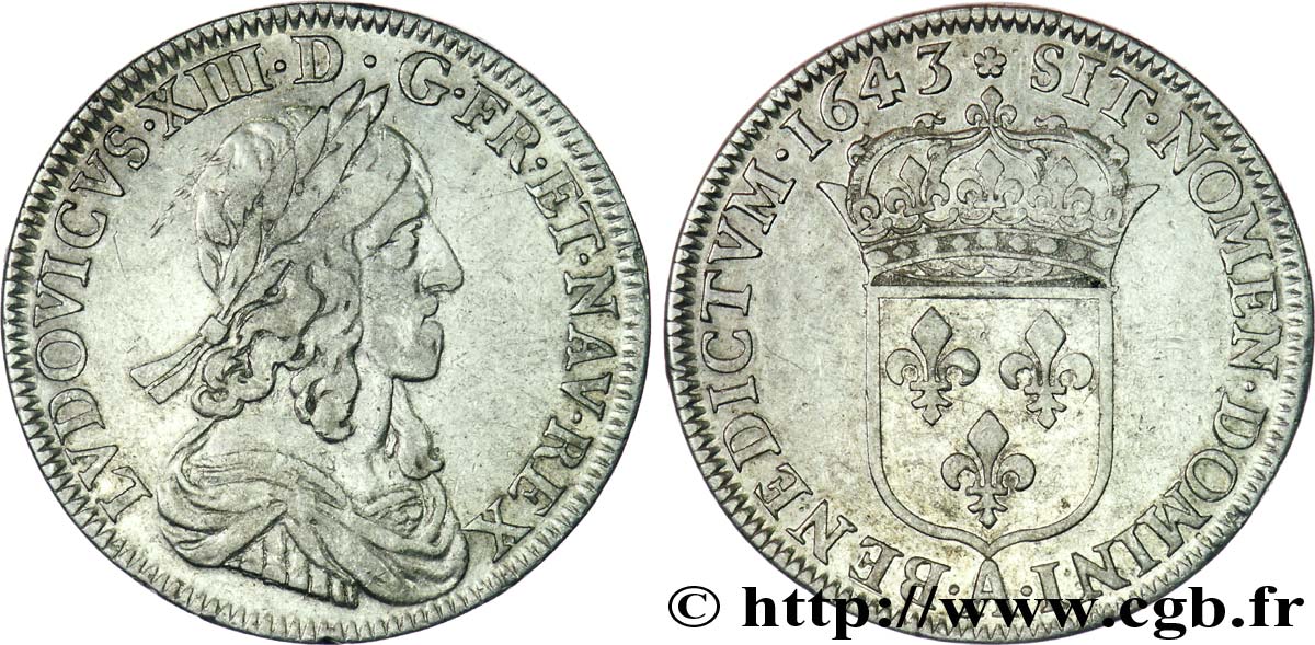 LOUIS XIII LE JUSTE Demi-écu, buste drapé et cuirassé (2e buste de Jean Warin) 1643 Paris, Monnaie de Matignon TB+/TTB